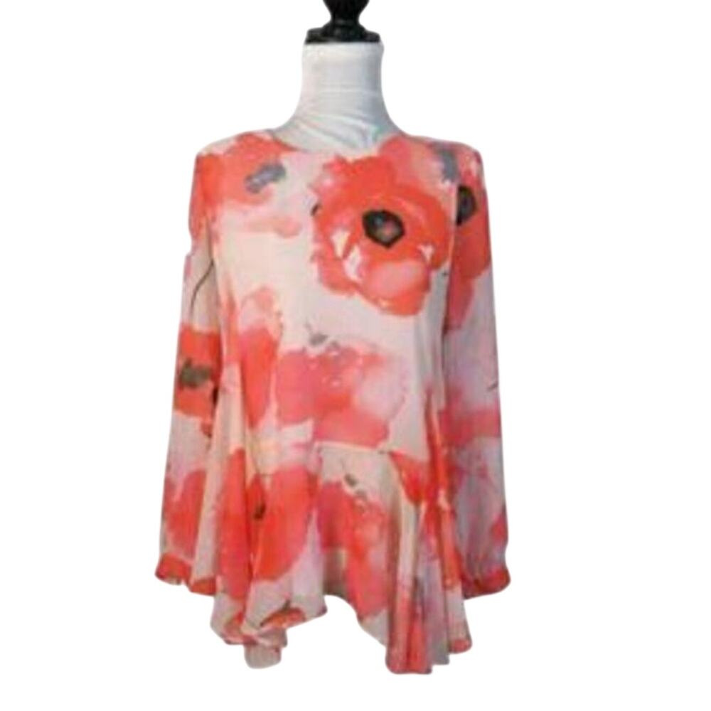 CeCe Size Small Blouse Light Peach Floral Print Long Sleeve Top Lined